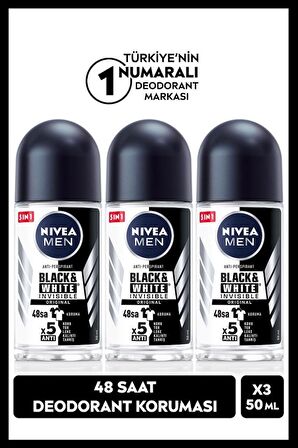 MEN Erkek Roll-on Deodorant Black&White Original 50ml, 48 Saat Koruma, X3 Adet