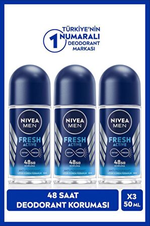 MEN Erkek Roll-on Deodorant Fresh Active 50ml, 48 Saat Koruma, X3 Adet