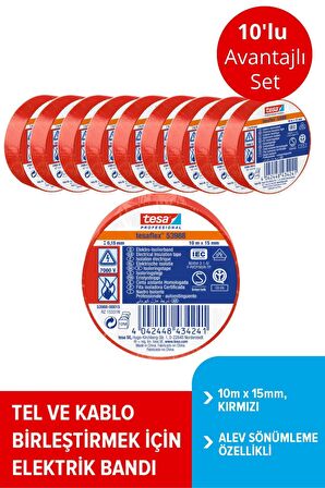 Tesa Elektrik İzolasyon Bandı sPVC, 10m x 15mm, kırmızı renk x10 Adet