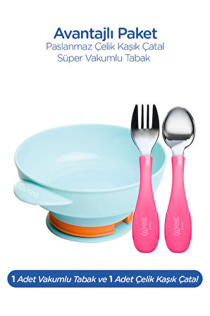 Wee Baby Süper Vakumlu Tabak ve Çelik Kaşık Çatal Seti Kız