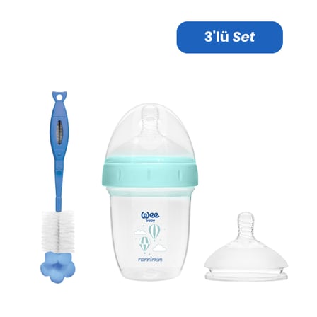 Wee Baby Nanninom Antikolik Geniş Ağızlı Biberon 150 ml (No:2 Biberon Emziği ve Temizleme Seti)
