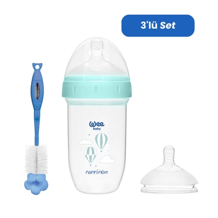 Wee Baby Nanninom Antikolik Geniş Ağızlı Biberon 250 ml (No:2 Biberon Emziği ve Temizleme Seti)