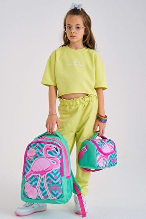 Coral High Kids Su Yeşili Pembe Simli Flamingo Desenli 3’lü Okul Çanta Seti - Kız Çocuk İlkokul