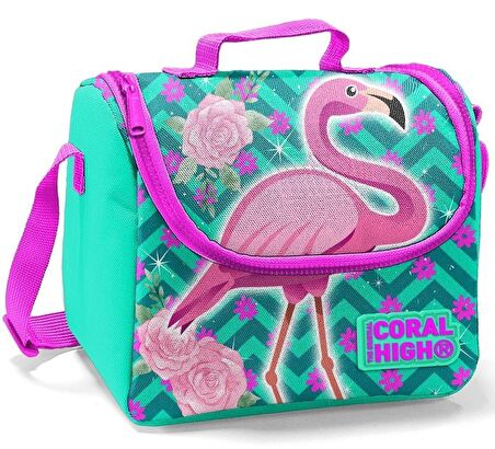 Coral High Kids Su Yeşili Pembe Simli Flamingo Desenli 3’lü Okul Çanta Seti - Kız Çocuk İlkokul