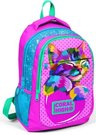 Coral High Kids Pembe Mavi Simli Kedi Desenli 3’lü Okul Çanta Seti - Kız Çocuk İlkokul