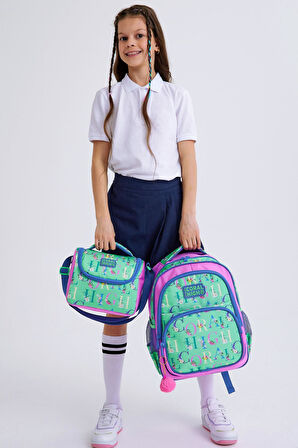 Coral High Kids Su Yeşili Açık Pembe Monogram Desenli 3'lü Okul Çanta Seti SET0114410