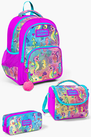 Coral High Kids Pembe Rengarenk Denizatı Desenli 3'lü Okul Çanta Seti SET0114412