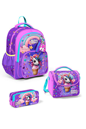 Coral High Kids Mor Pembe Unicorn Dondurma Desenli 3’lü Okul Çanta Seti SET0114421
