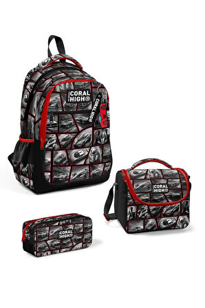 Coral High Kids Siyah Kırmızı Araba Desenli 3'lü Okul Çanta Seti SET0114429 - Erkek