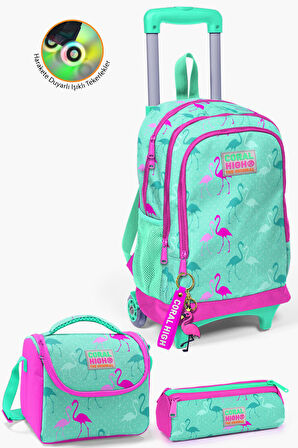 Coral High Kids Su Yeşili Neon Pembe Flamingo Desenli Çekçekli 3'lü Çanta Seti SET0123131