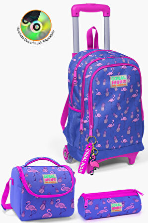Coral High Kids Lavanta Pembe Flamingo Desenli Çekçekli 3'lü Çanta Seti SET0123132