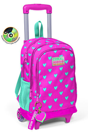 Coral High Kids Neon Pembe Su Yeşili Kalp Desenli Çekçekli 3'lü Çanta Seti SET0123133