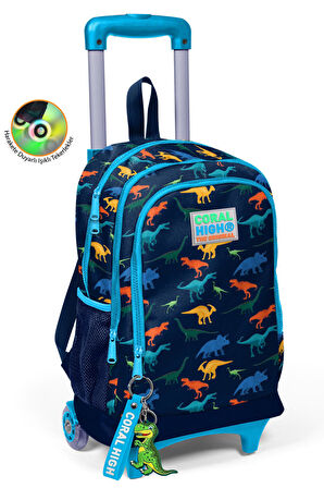 Coral High Kids Lacivert Mavi Dinozor Desenli Çekçekli 3'lü Çanta Seti SET0123135
