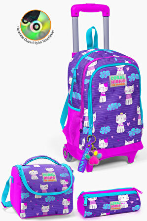 Coral High Kids Mor Pembe Kedi Desenli Çekçekli 3'lü Çanta Seti SET0123360