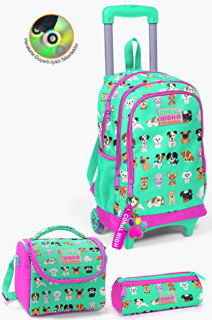 Coral High Kids Su Yeşili Neon Pembe Köpek Desenli Çekçekli 3'lü Çanta Seti SET0123362