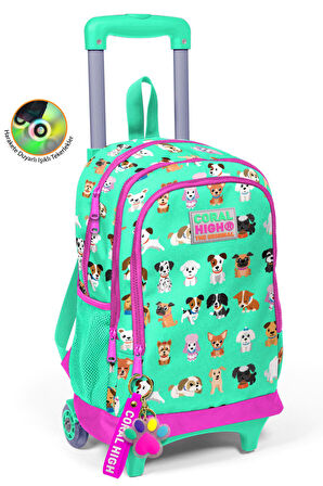 Coral High Kids Su Yeşili Neon Pembe Köpek Desenli Çekçekli 3'lü Çanta Seti SET0123362