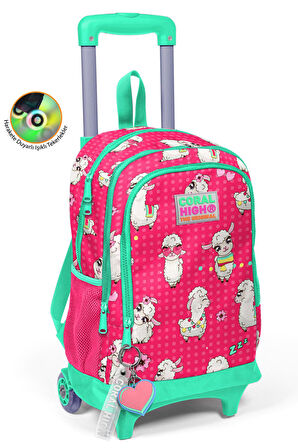 Coral High Kids Neon Mercan Su Yeşili Alpaka Desenli Çekçekli 3'lü Çanta Seti SET0123364