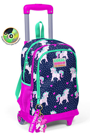 Coral High Kids Lacivert Pembe Unicorn Desenli Çekçekli 3'lü Çanta Seti SET0123366