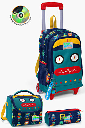 Coral High Kids Lacivert Civit Robot Desenli Çekçekli 3'lü Çanta Seti SET0123380