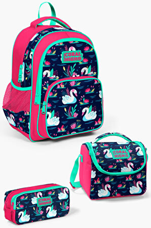 Coral High Kids Neon Mercan Lacivert Kuğu Desenli 3'lü Okul Çanta Seti SET0123402