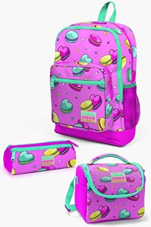 Coral High Kids Açık Pembe Su Yeşili Makaron Desenli 3’lü Okul Çanta Seti