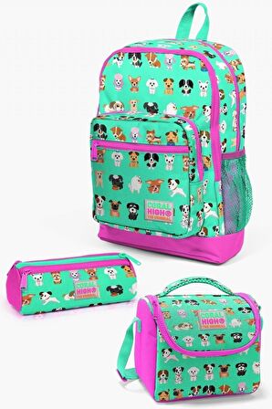 Coral High Kids Su Yeşili Neon Pembe Köpek Desenli 3’lü Okul Çanta Seti