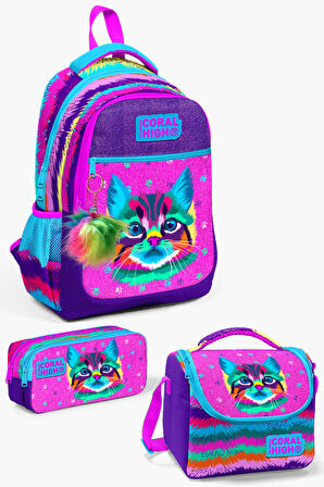 Coral High Kıds Mor Pembe Kedi Desenli 3’lü Okul Çanta Seti SET0123477