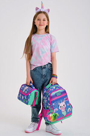 Coral High Kids Su Yeşili Lavanta Unicorn Kedi Desenli 3’lü Okul Çanta Seti SET0123478