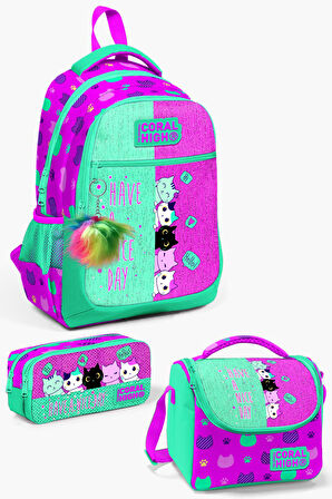 Coral High Kids Pembe Su Yeşili Kedi Desenli 3’lü Okul Çanta Seti SET0123490