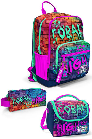 Coral High Pembe Lacivert Grafiti Yazılı 3’lü Okul Çanta Seti SET0123629