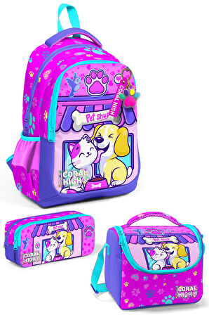Coral High Kids Kedi Köpek Desenli 3’lü Okul Çanta Seti SET0123646