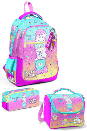 Coral High Kids Renkli Dondurmalı Kedi Desenli 3’lü Okul Çanta Seti SET0123648