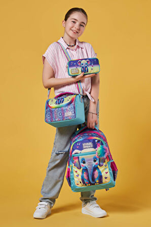 Coral High Kids Pembe Turkuaz Fil Desenli 3’lü Okul Çanta Seti SET0123650