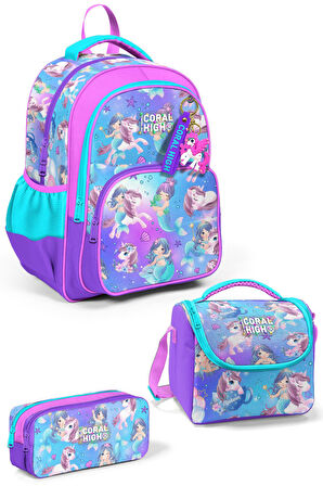 Coral High Kids Mor Pembe Unicorn Deniz Kızı Desenli 3'lü Okul Çanta Seti SET0123657