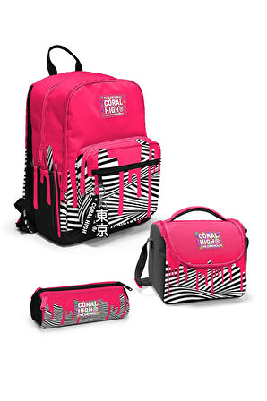 Coral High Pembe Siyah Beyaz Desenli 3’lü Okul Çanta Seti SET0123678