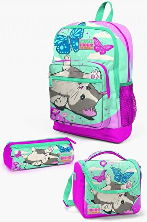 Coral High Kids Su Yeşili Pembe Kedi Desenli 3’lü Okul Çanta Seti - Kız Çocuk