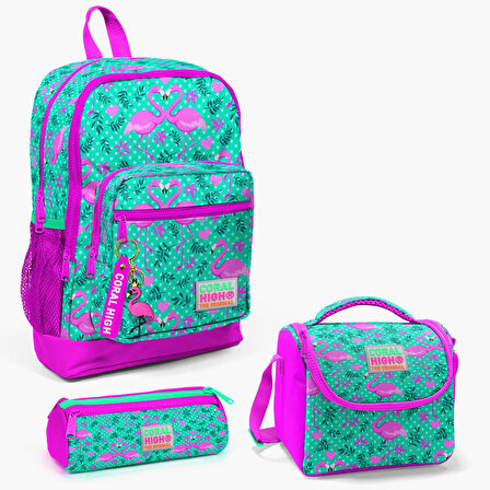 Coral High Kids Su Yeşili Pembe Flamingo Desenli 3’lü Okul Çanta Seti SET0123712