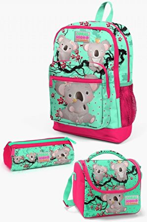 Coral High Kids Su Yeşili Neon Mercan Koala Desenli 3’lü İlkokul Çanta Seti - Kız Çocuk