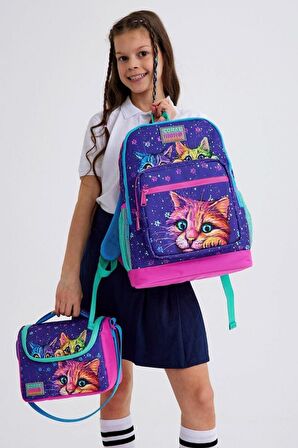 Coral High Kids Mor Pembe Kedi Desenli 3’lü Okul Çanta Seti