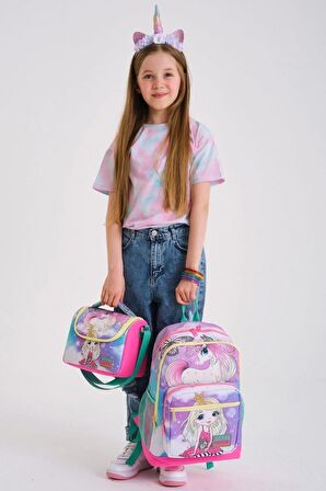 Coral High Kids Pembe Su Yeşili Unicornlu Kız Desenli 3’lü Okul Çanta Seti - Kız Çocuk İlkokul