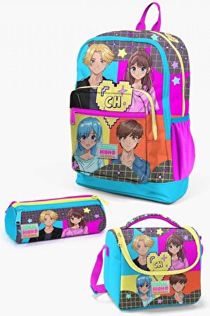 Coral High Kids Gri Mavi Pembe Anime Desenli 3’lü Okul Çanta Seti - Kız Çocuk