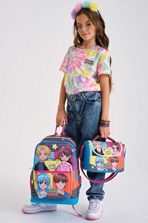 Coral High Kids Gri Mavi Pembe Anime Desenli 3’lü Okul Çanta Seti - Kız Çocuk