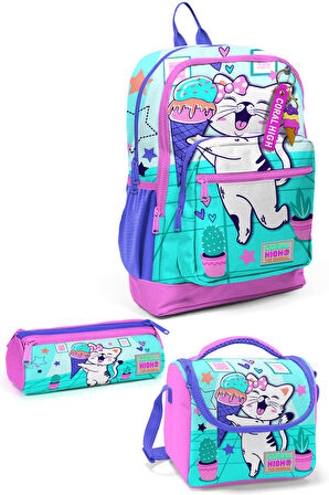 Coral High Kids Turkuaz Pembe Dondurmalı Kedi Desenli 3’lü Okul Çanta Seti SET0123751