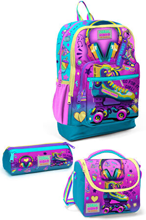 Coral High Kids Pembe Turkuaz Kulaklık Paten Desenli 3’lü Okul Çanta Seti SET0123754