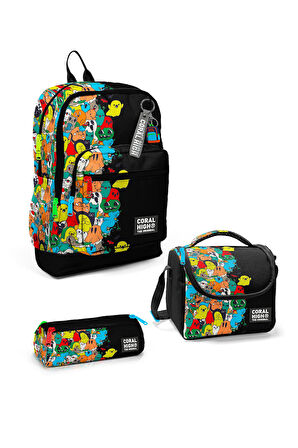 Coral High Kids Siyah Karikatür Desenli 3’lü Okul Çanta Seti SET0123774