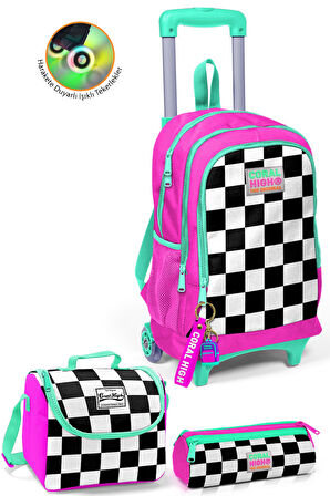 Coral High Kids Neon Pembe Dama Desenli Çekçekli 3'lü Çanta Seti SET0123901