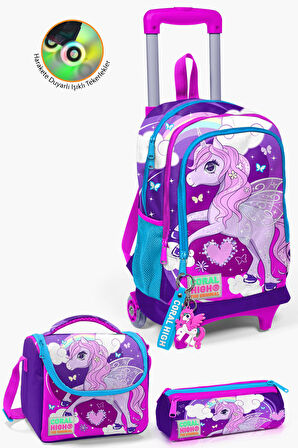 Coral High Kids Mor Pembe Unicorn Desenli Çekçekli 3’lü Okul Çanta Seti SET0123908