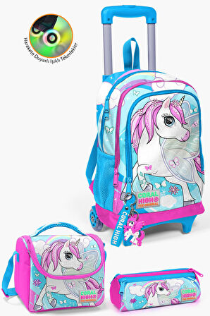 Coral High Kids Mavi Neon Pembe Unicorn Desenli Çekçekli 3’lü Okul Çanta Seti SET0123911