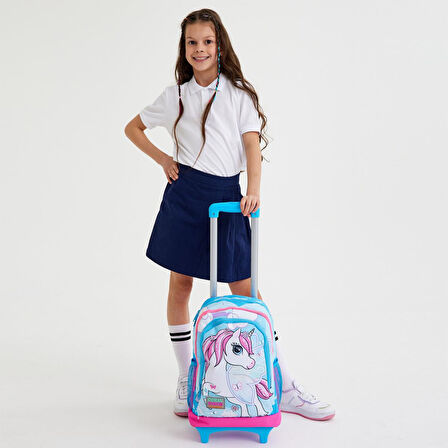 Coral High Kids Mavi Neon Pembe Unicorn Desenli Çekçekli 3’lü Okul Çanta Seti SET0123911