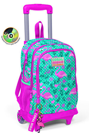 Coral High Kids Su Yeşili Pembe Flamingo Desenli Çekçekli 3’lü Okul Çanta Seti SET0123912